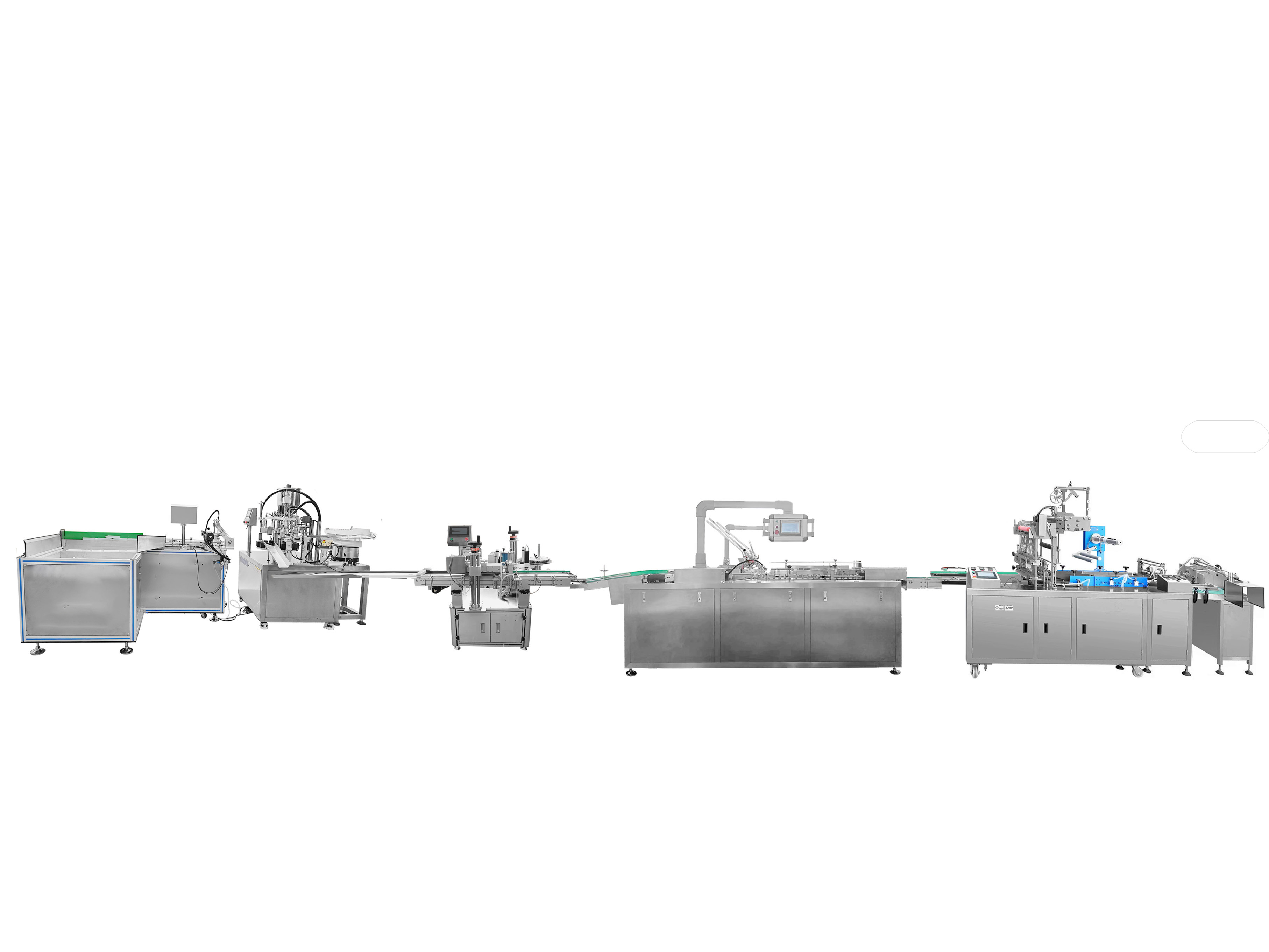 Bottle filling capping labeling cartoning and film wrapping production line Bottle filling capping labeling cartoning and film wrapping production line